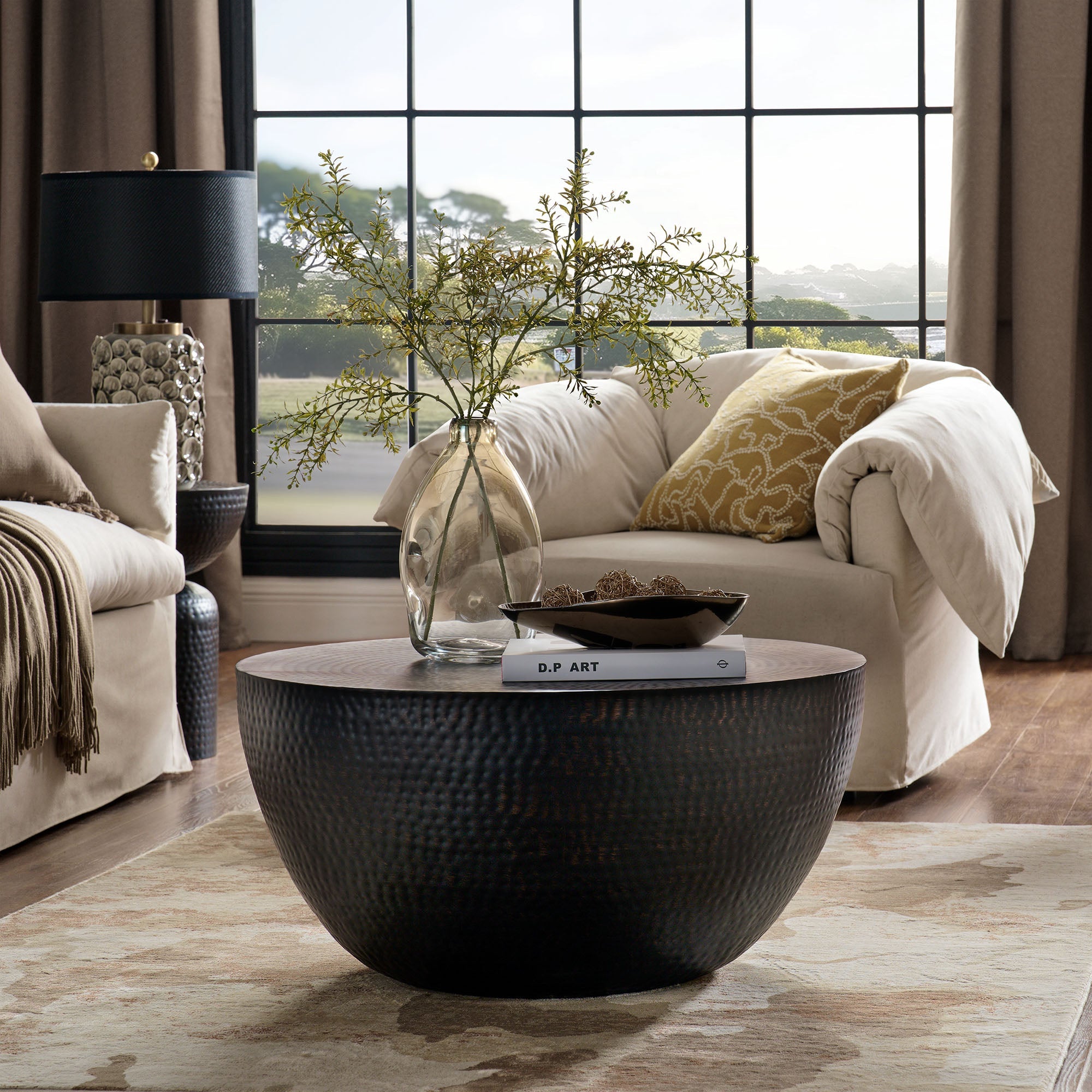 32 Inch Metal Hammered Coffee Table in Black