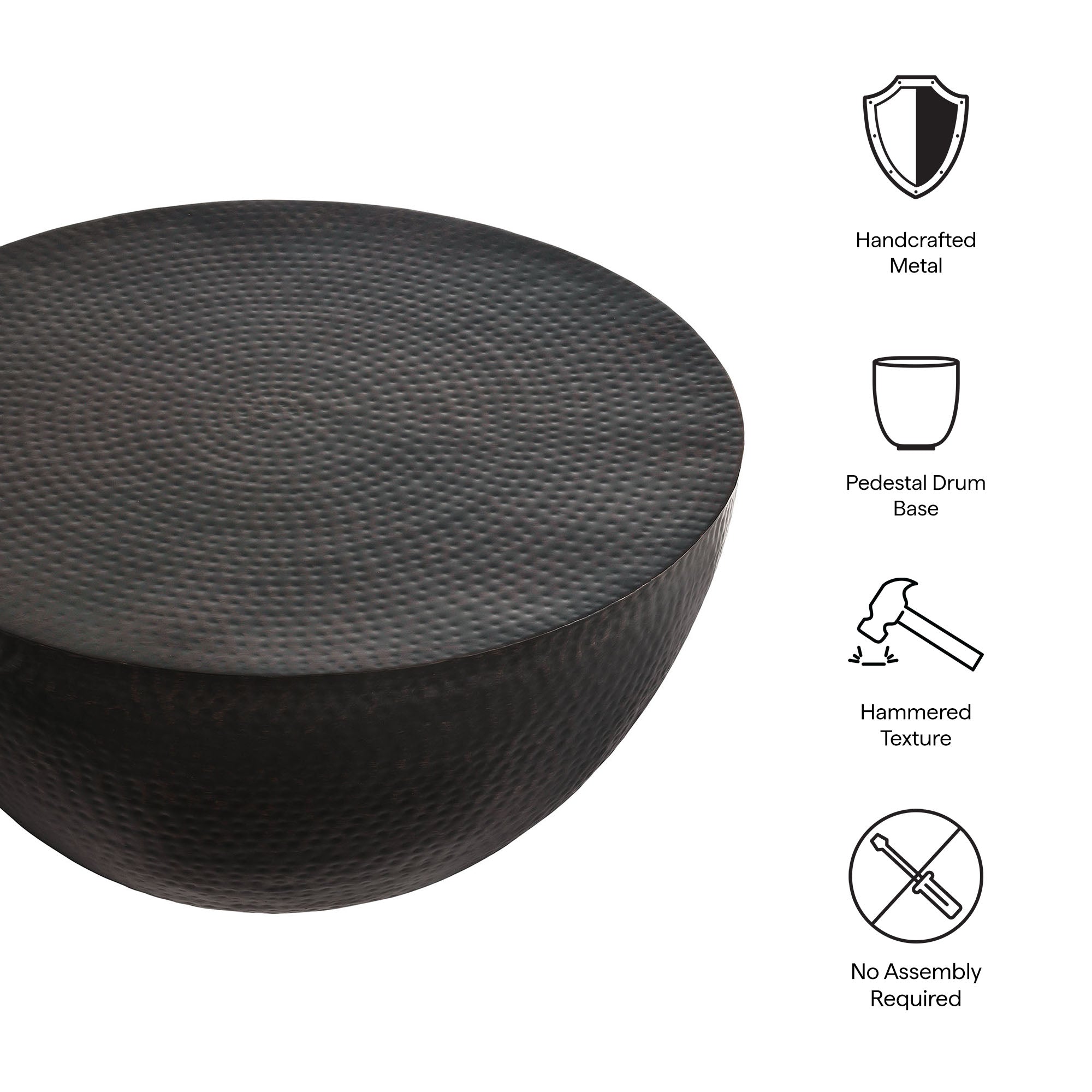 32 Inch Metal Hammered Coffee Table in Black