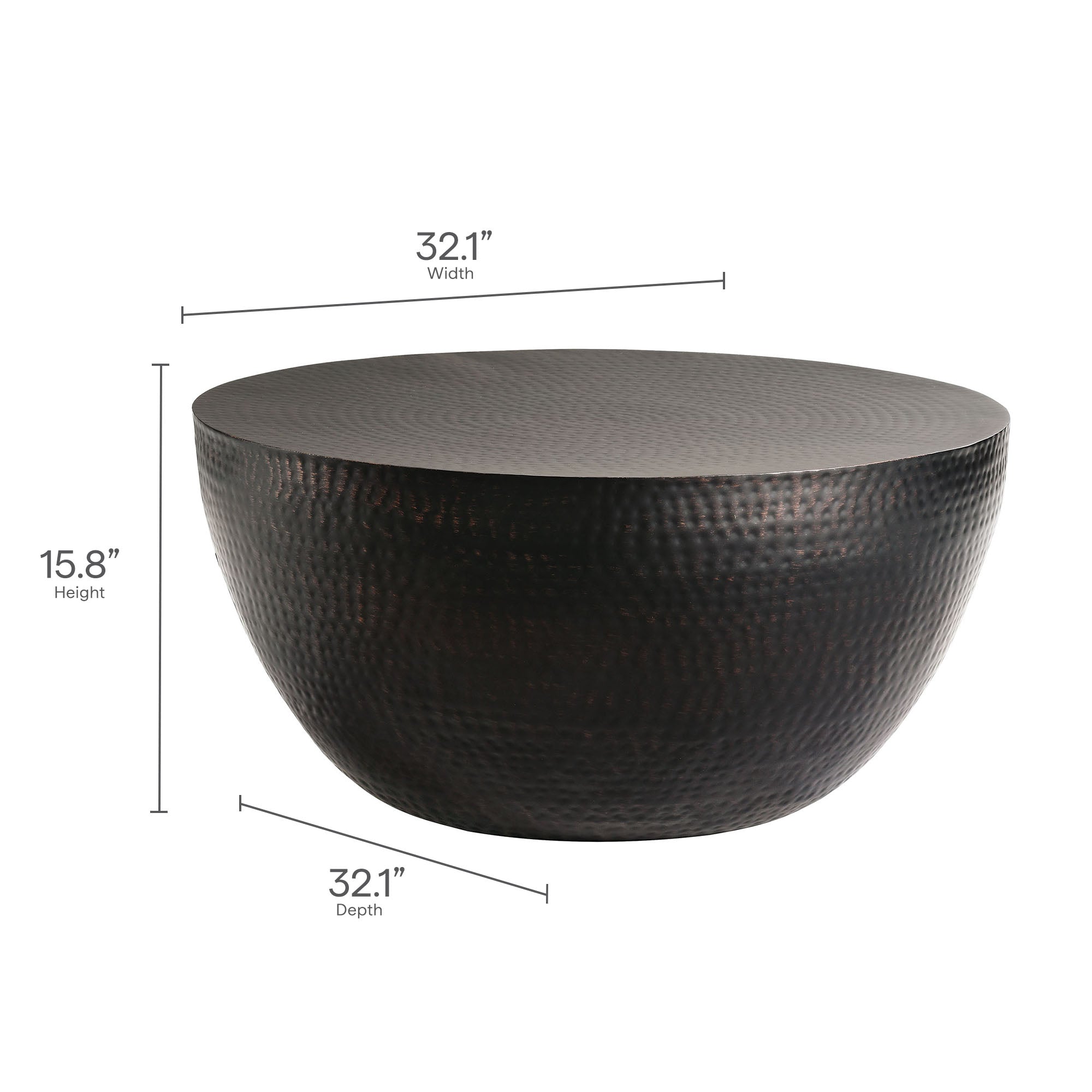 32 Inch Metal Hammered Coffee Table in Black