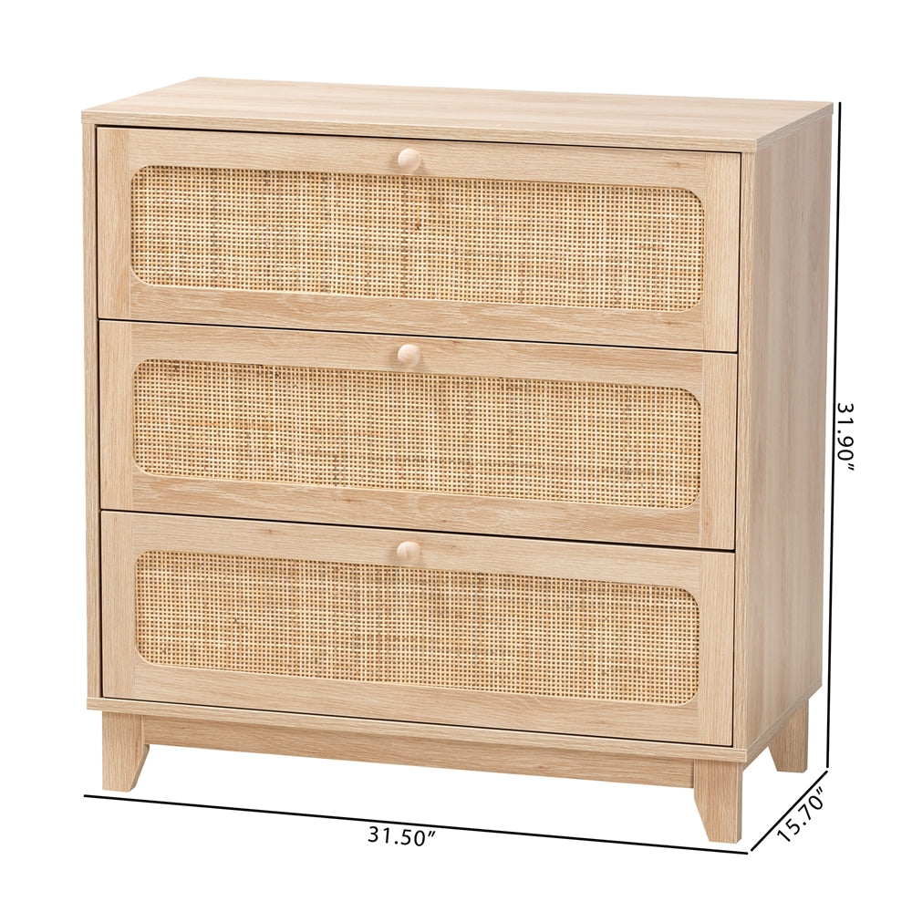 Leanne 3 Drawer 30" W Solid Wood and Rattan Dresser Cabinet