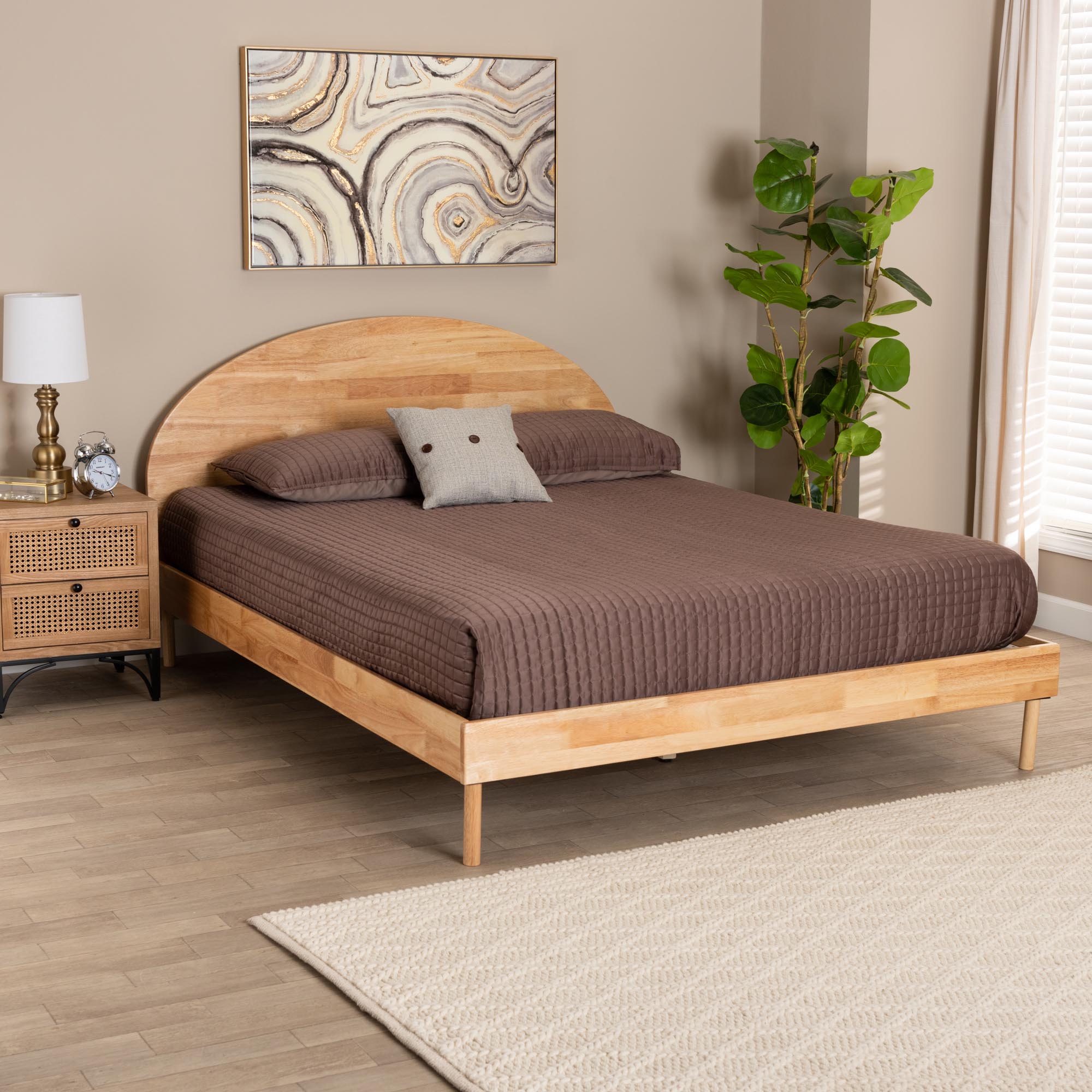 Mikkel Japandi Natural Brown Wood Bed Queen Size