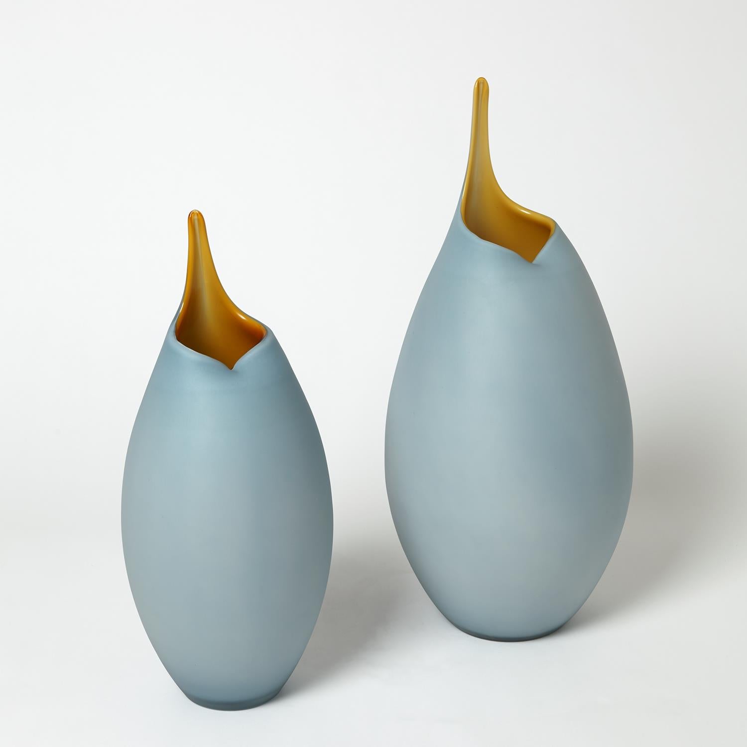 Frosted Blue Vase w/Amber Casing