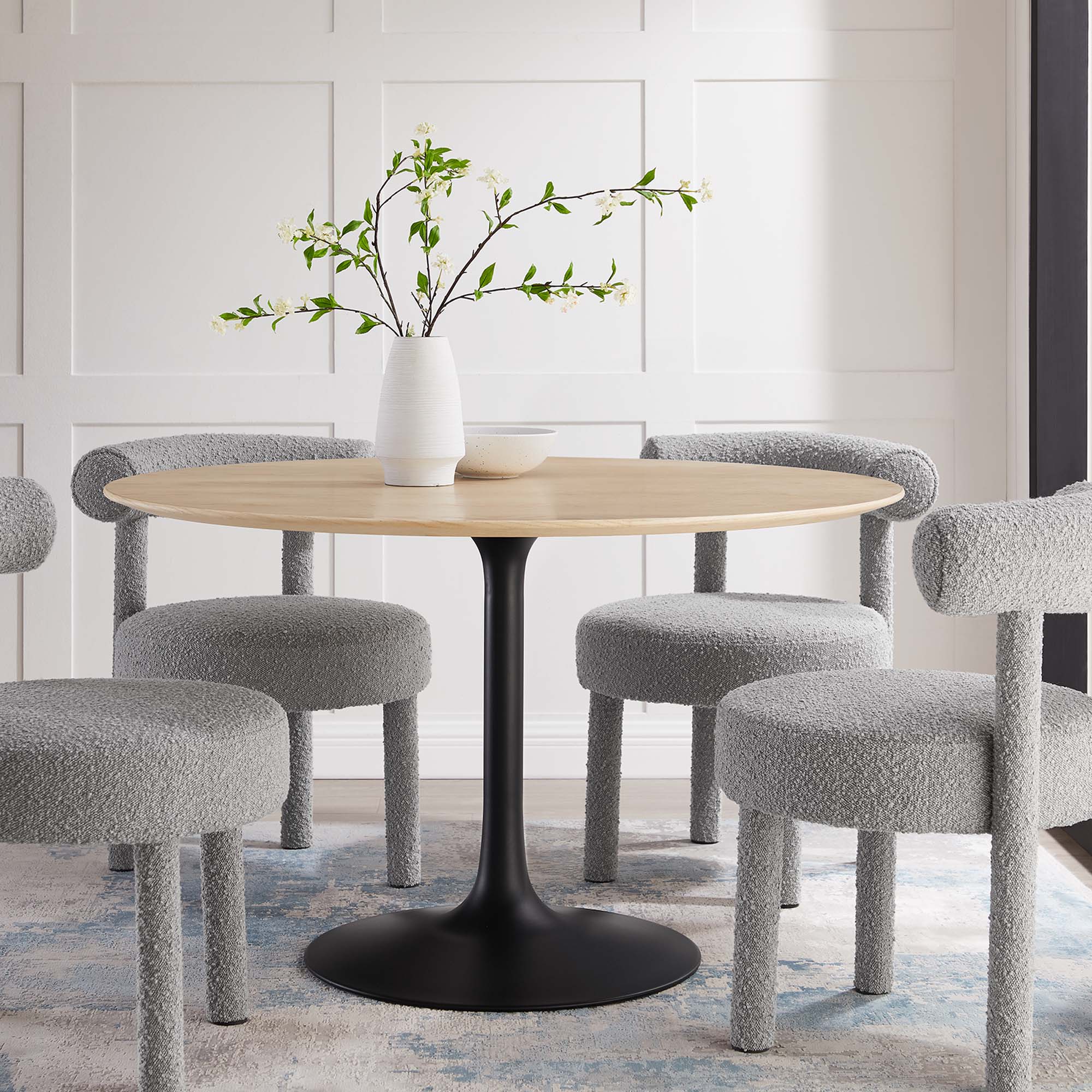 48" Tulip Round Dining Table Natural Top with Black Base