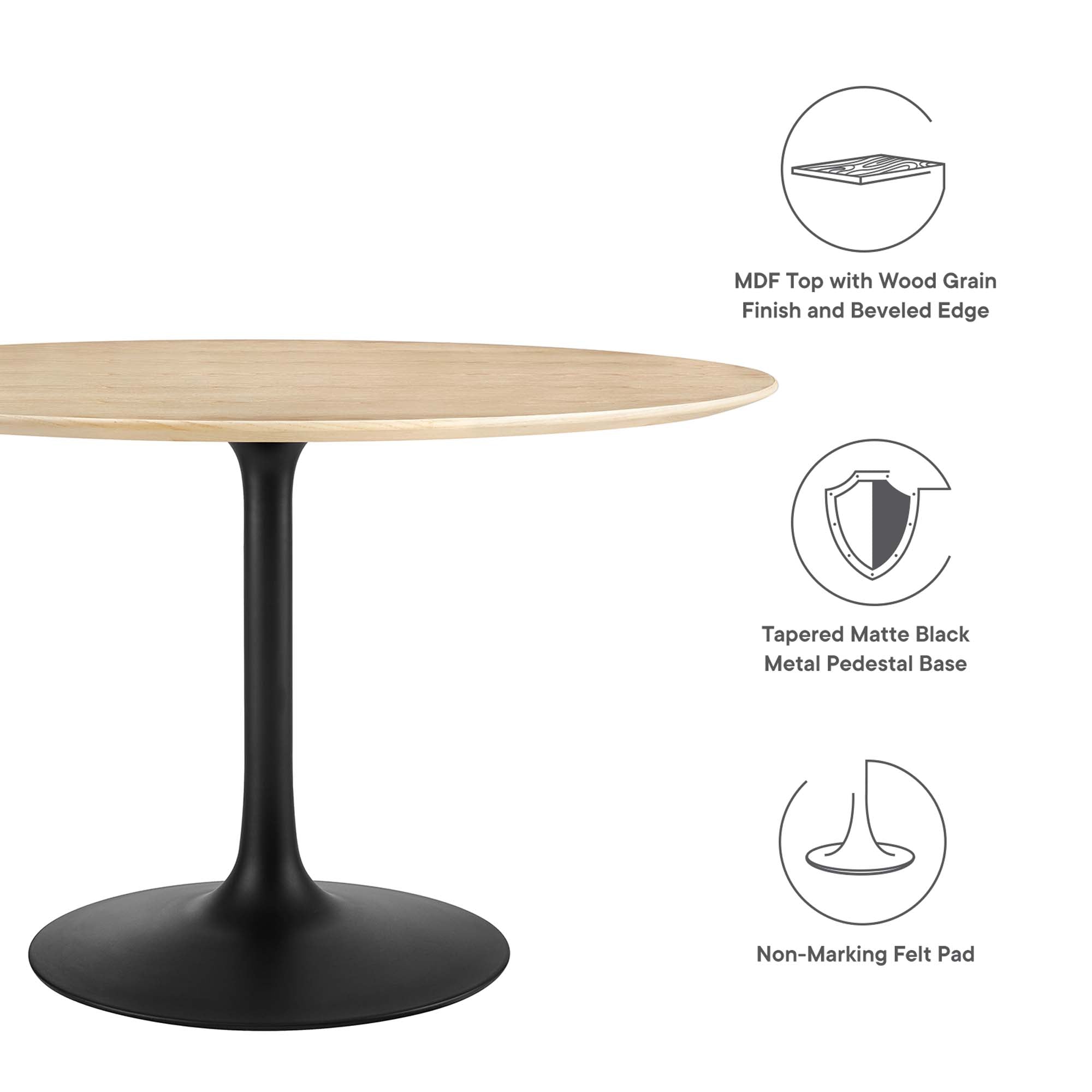 48" Tulip Round Dining Table Natural Top with Black Base