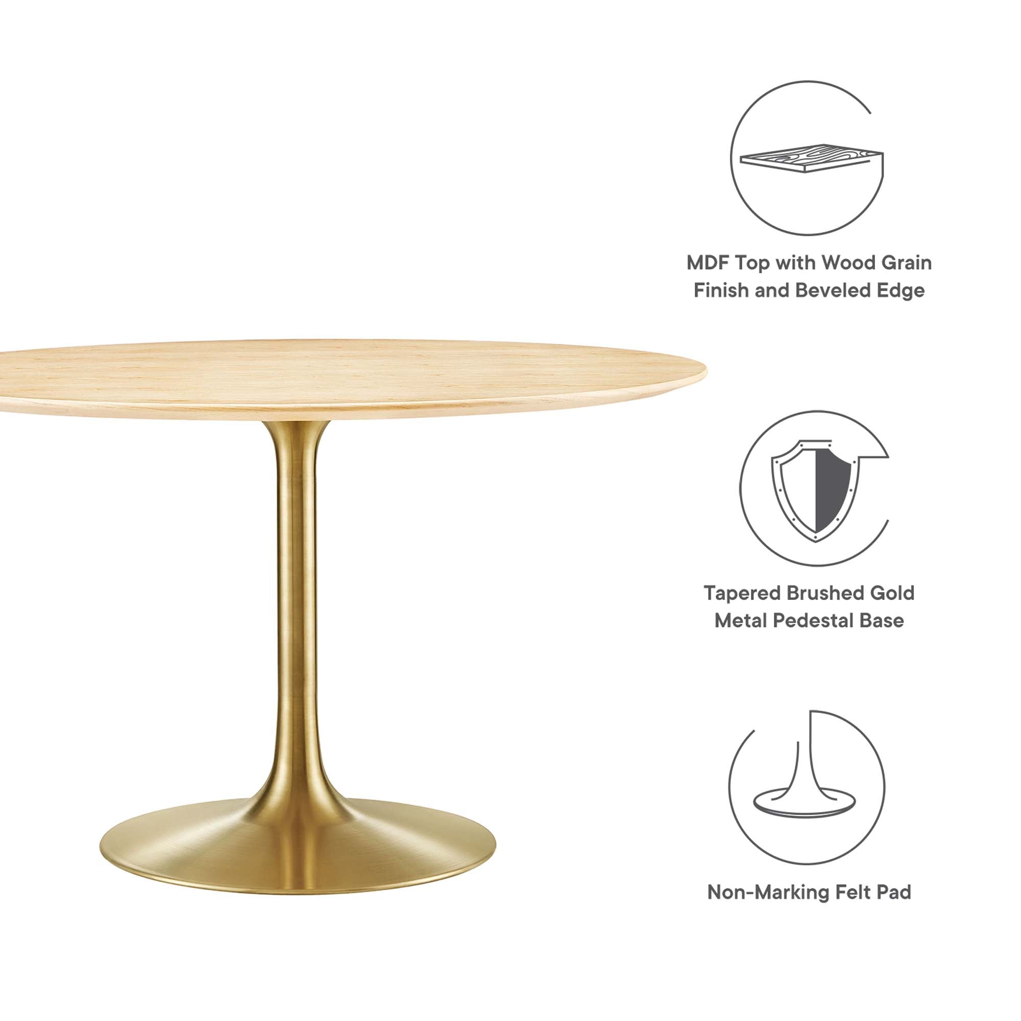 48" Tulip Round Dining Table Natural Top Gold Base