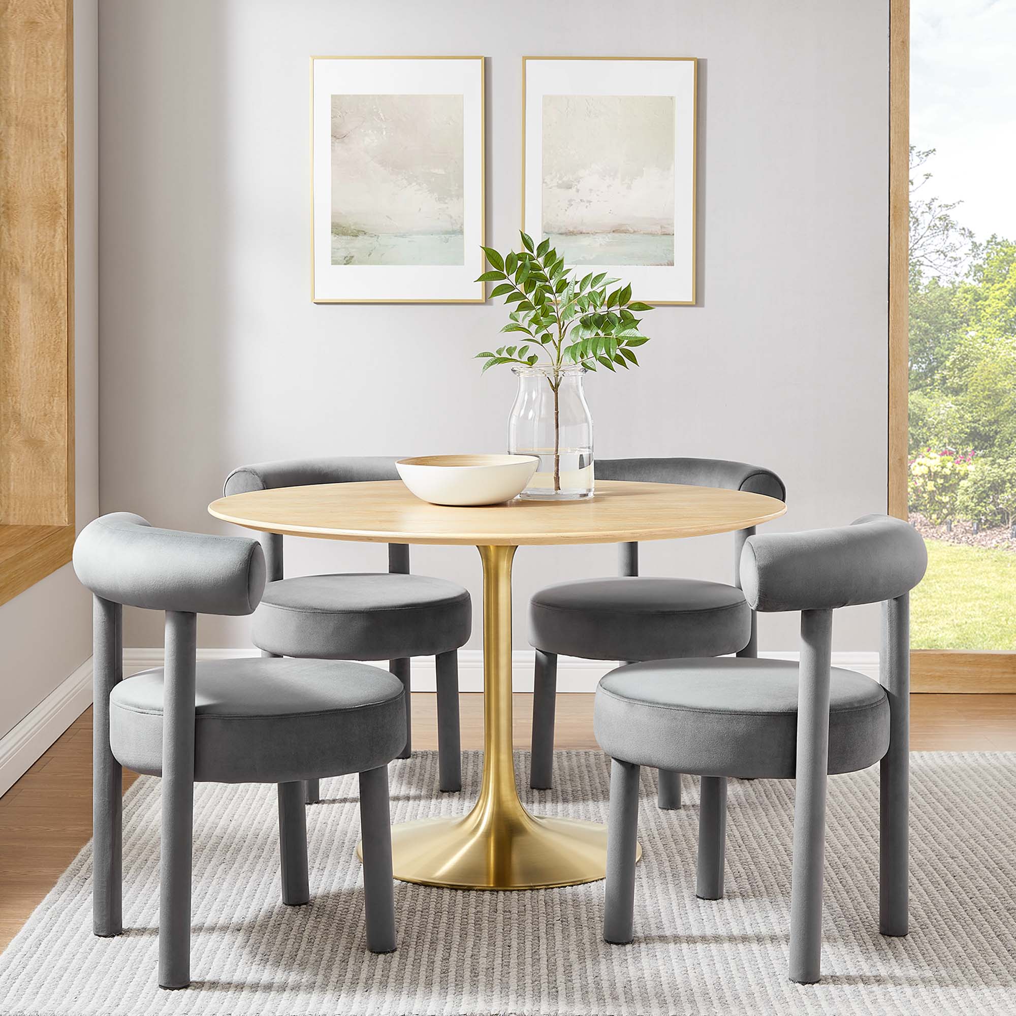 48" Tulip Round Dining Table Natural Top with Gold Base