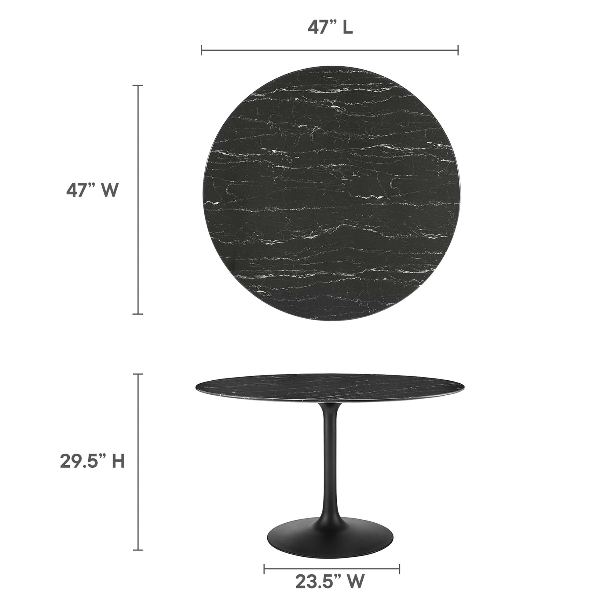 48" marble tulip table black base with black top