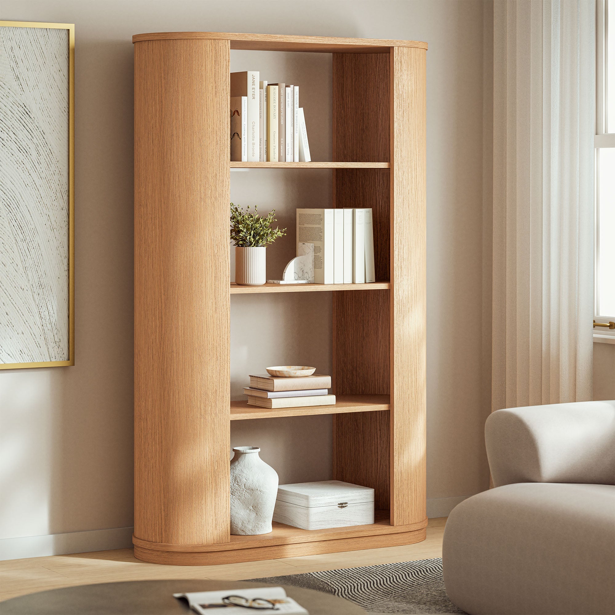 Ann 74 Inch Curved 4 Tier Bookshelf in Natural