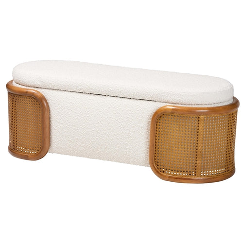 Basel Cream Boucle Fabric Storage Bench with Woven Rattan