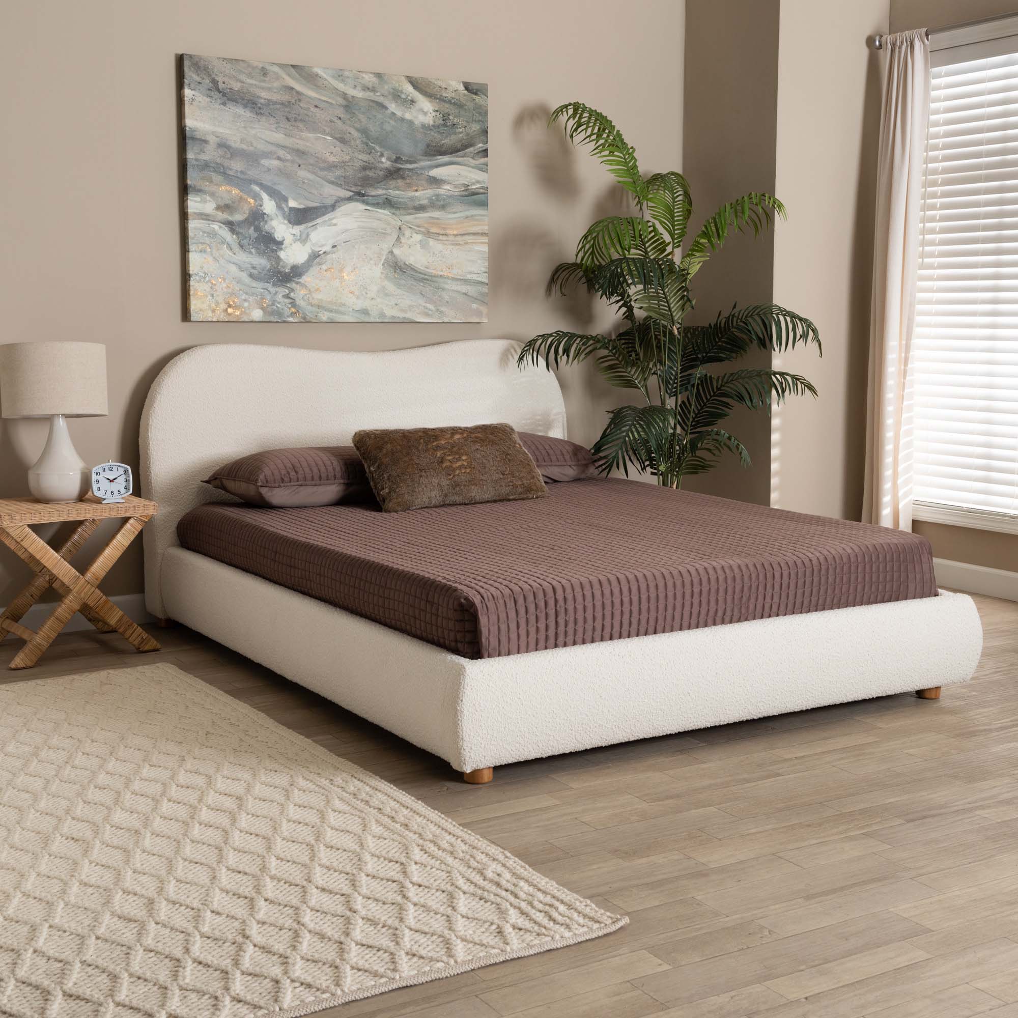 Basel Cream Boucle and Oak Brown Finished Wood Queen Size Platform Bed