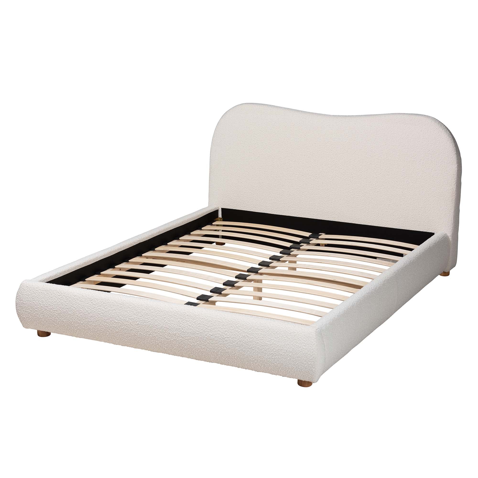 Basel Cream Boucle and Oak Brown Finished Wood Queen Size Platform Bed