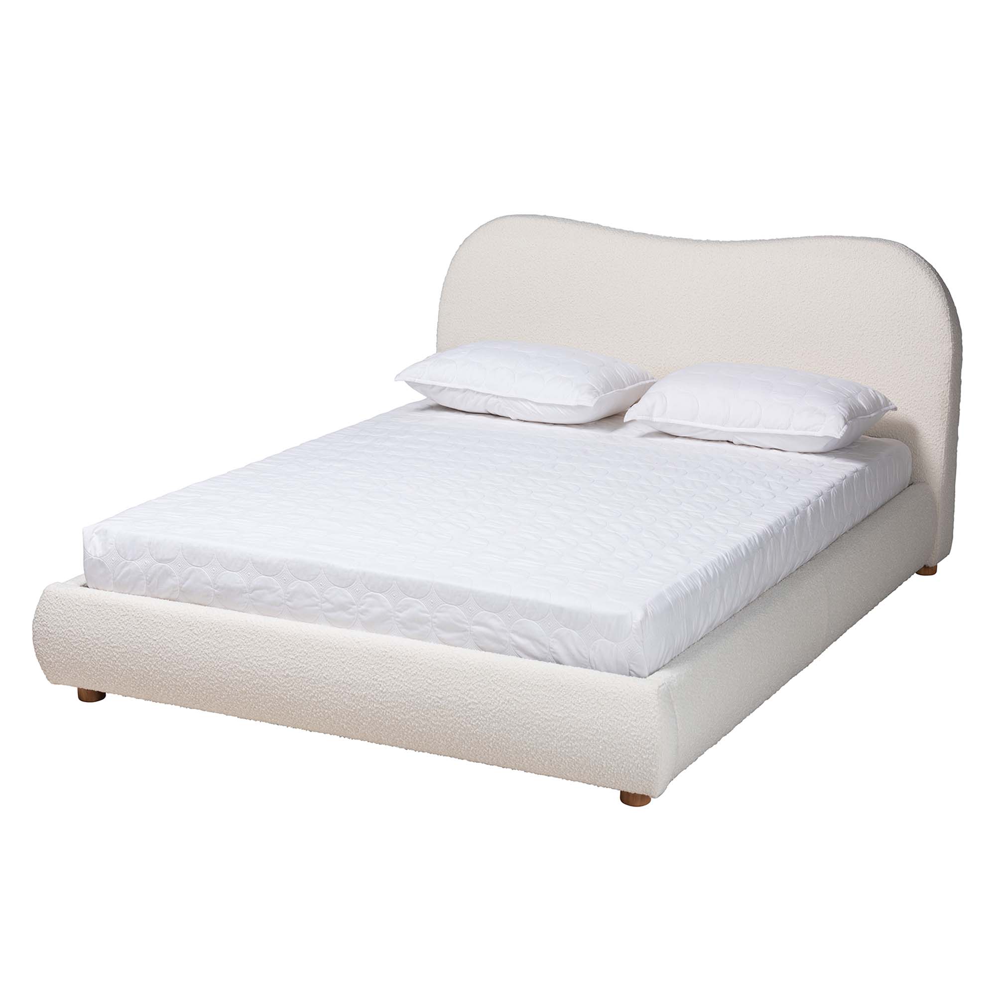 Basel Cream Boucle and Oak Brown Finished Wood Queen Size Platform Bed