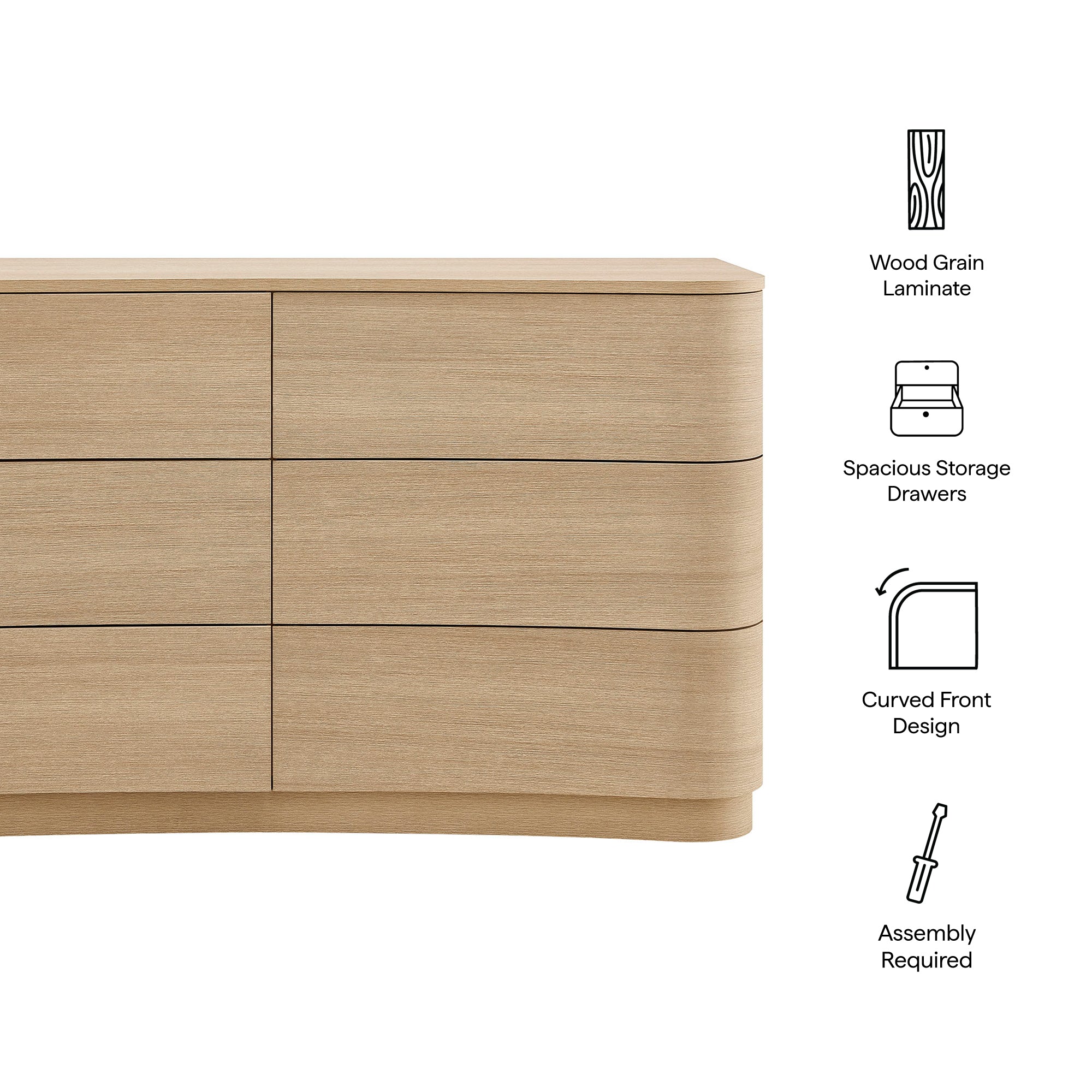 Hillard 6-Drawer Curved Dresser Natural
