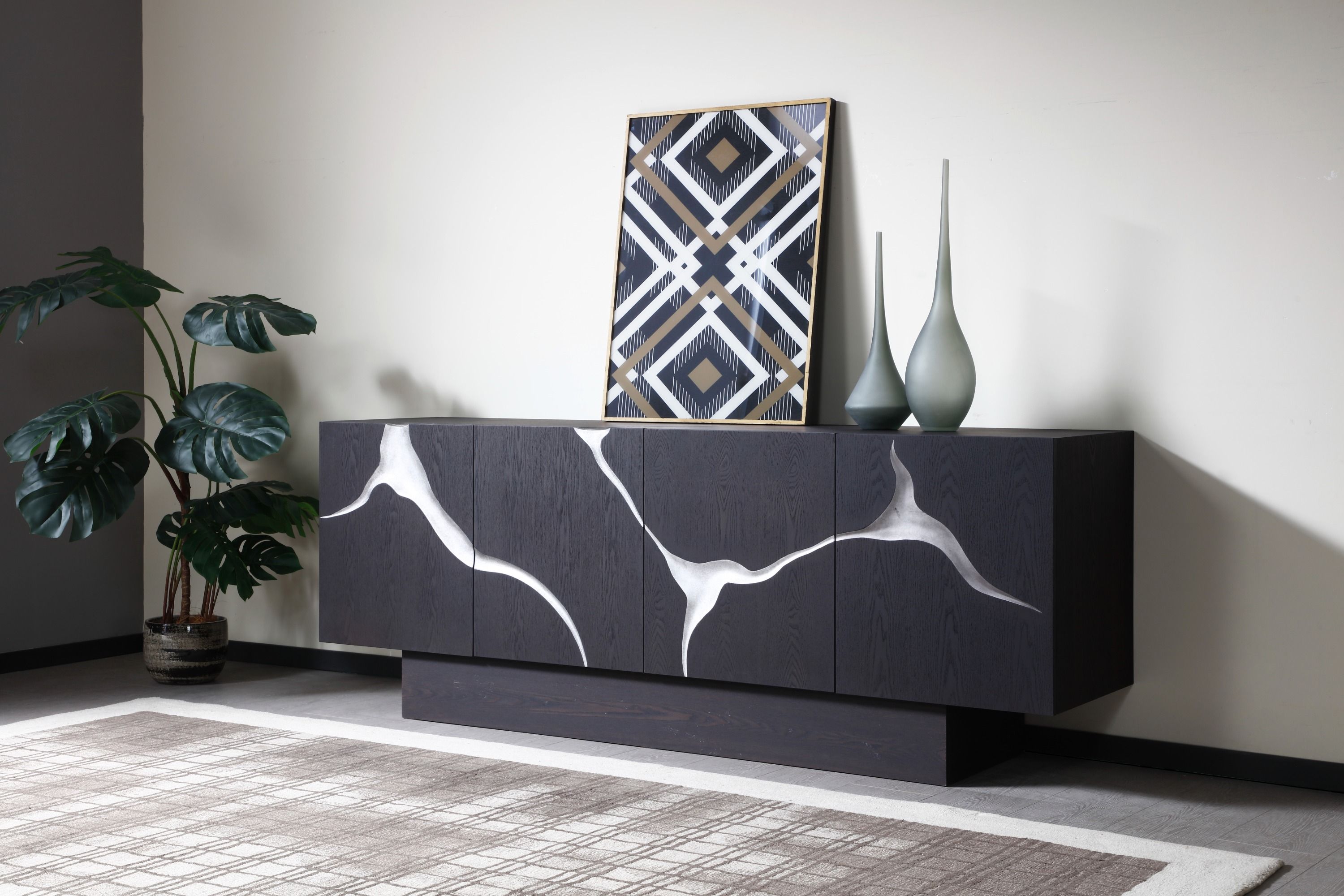 Piaz Sideboard, Matte Brown Ash & Silver Buffet