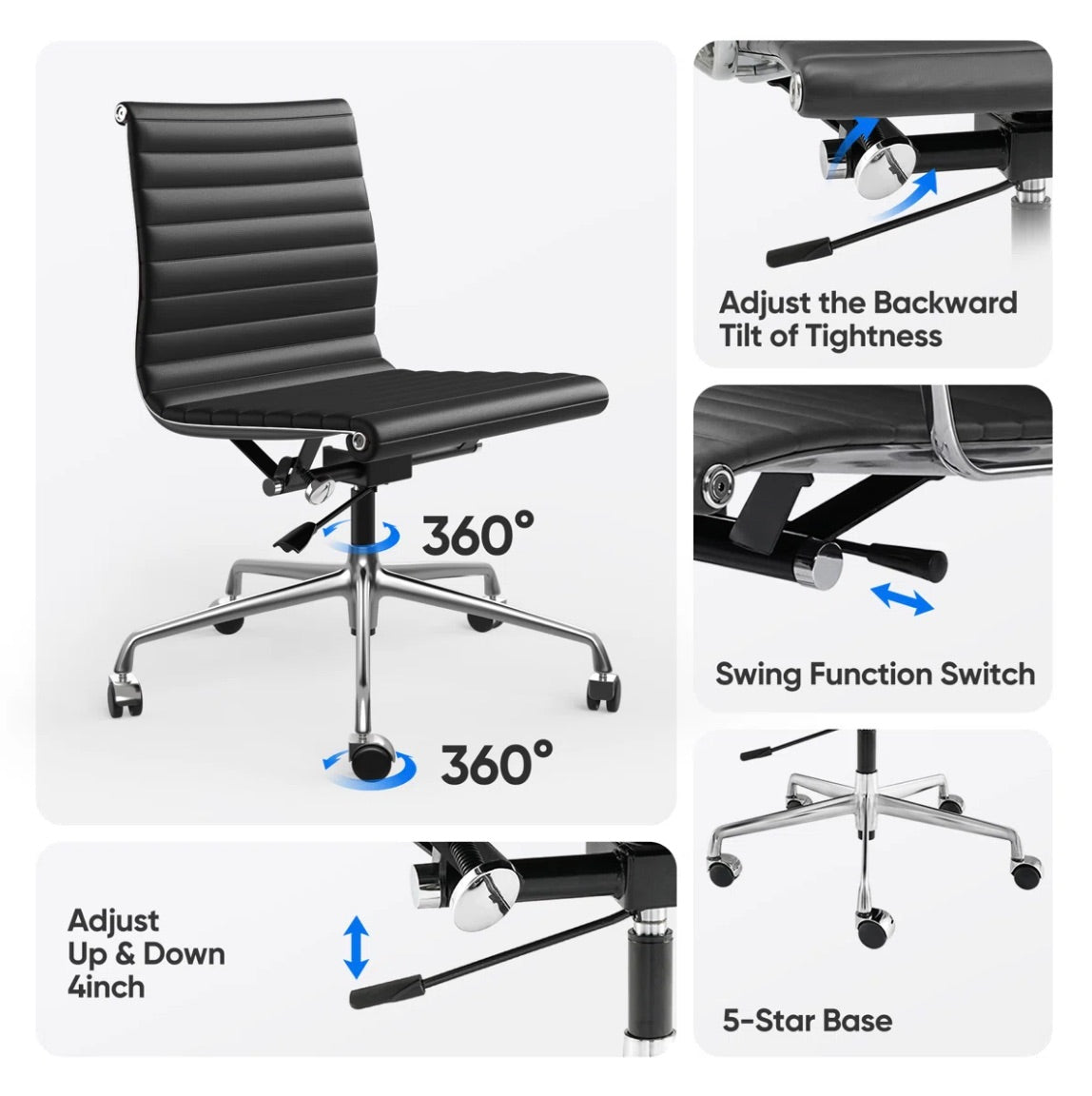 Ribbed Back Office Chair Leather Armless
