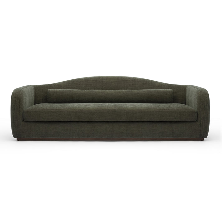 A modern three-seater sofa upholstered in textured olive green fabric, featuring a curved backrest and a matching rectangular back cushion, shown against a plain white background.