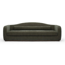 Load image into Gallery viewer, A modern three-seater sofa upholstered in textured olive green fabric, featuring a curved backrest and a matching rectangular back cushion, shown against a plain white background.